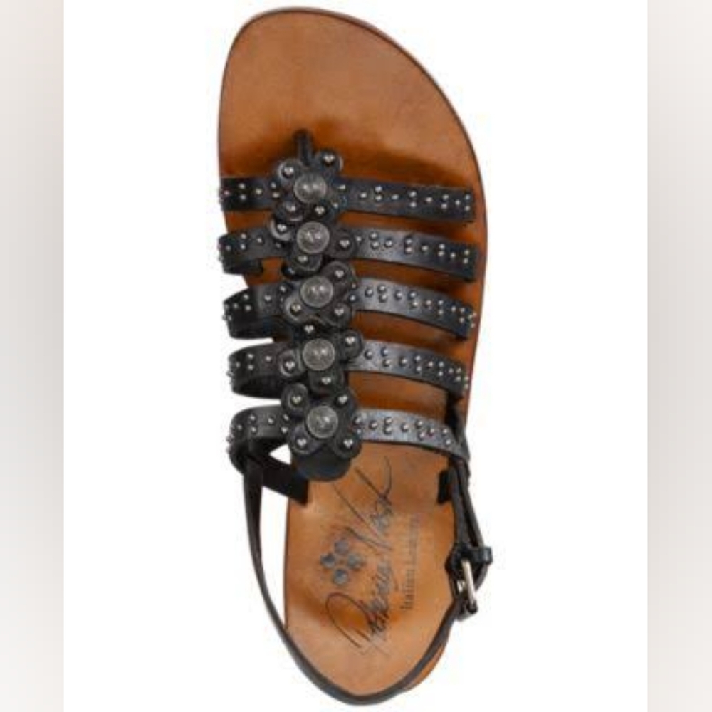 Patricia Nash Erba Florals Studs Black Leather Flat Sandals